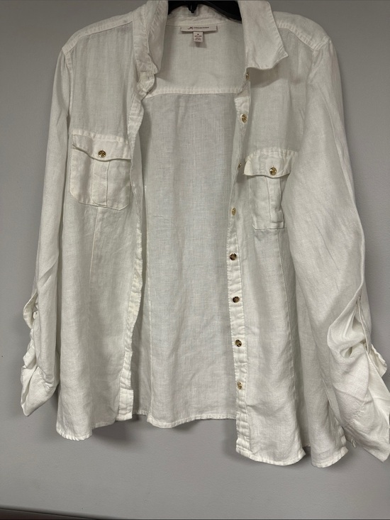 JM Collection Tops - JM Collection 100% linen button front white shirt Gold Buttons, 14